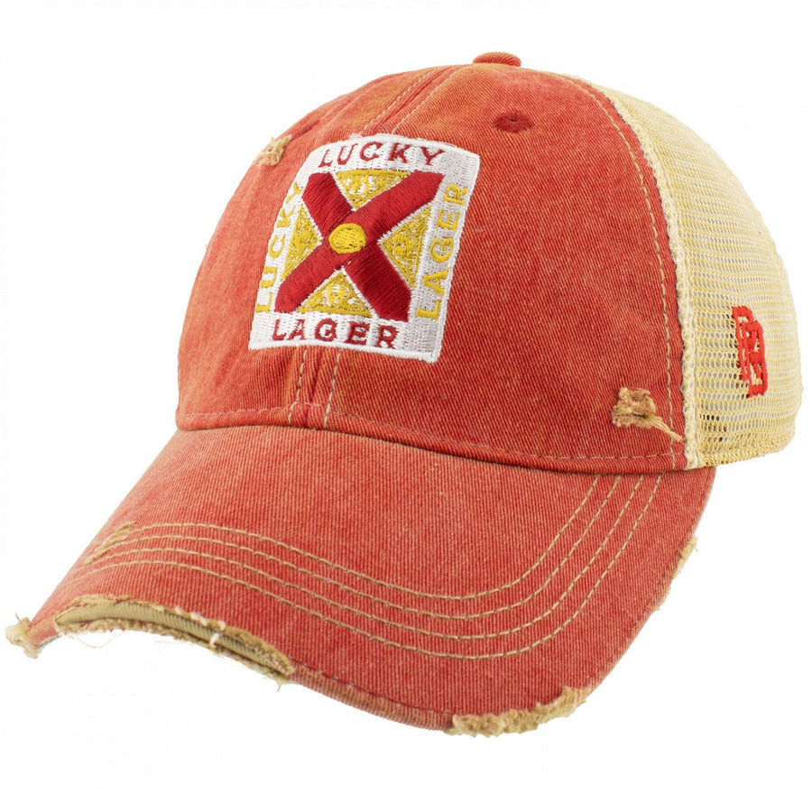 Lucky Lager Vintage Logo Red Colorway Distressed Trucker Hat Image 1