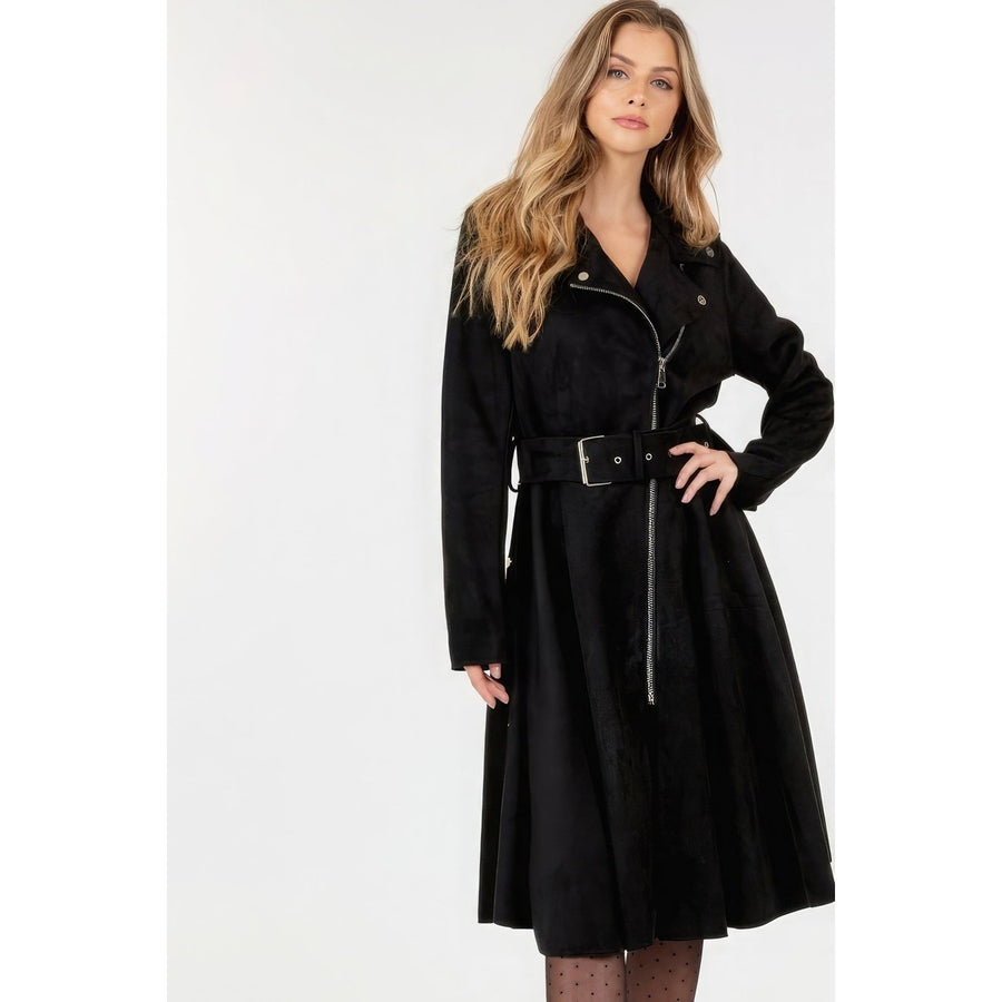 Waist Belt Tacked Faux Suede Coat Solid Coat Image 1