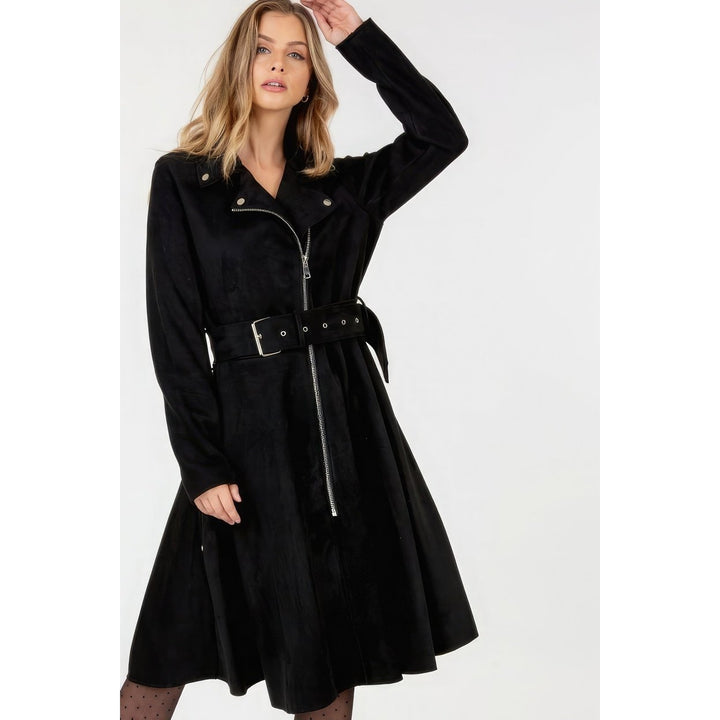 Waist Belt Tacked Faux Suede Coat Solid Coat Image 2