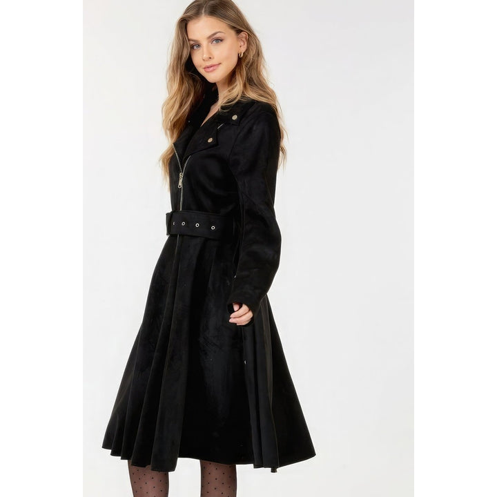 Waist Belt Tacked Faux Suede Coat Solid Coat Image 3