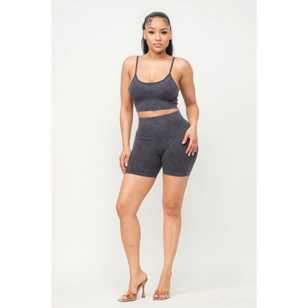 Washed Seamless Basic Tank Top And Shorts Set Image 2