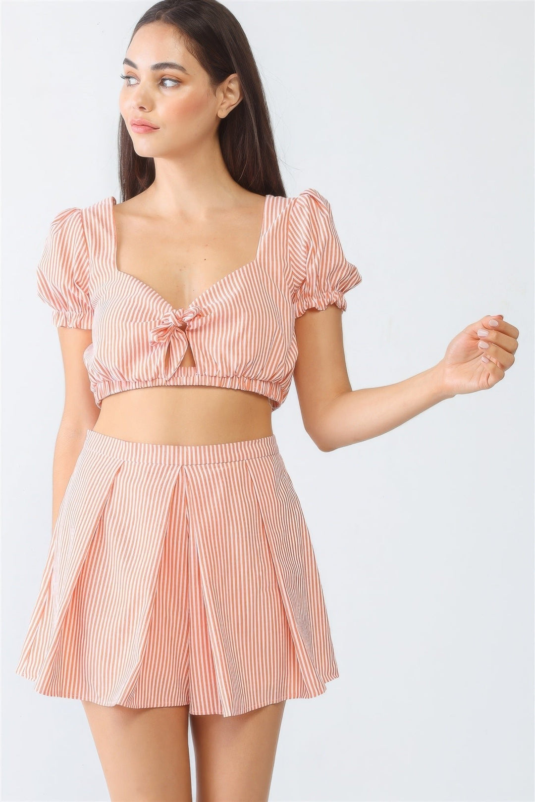 White and Orange Stripe Print Self-tie Short Sleeve Crop Top and High Waist Shorts Set Image 1