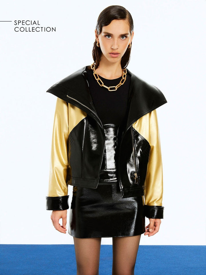 Wide Collar Patent Faux Leather Jacket Image 1