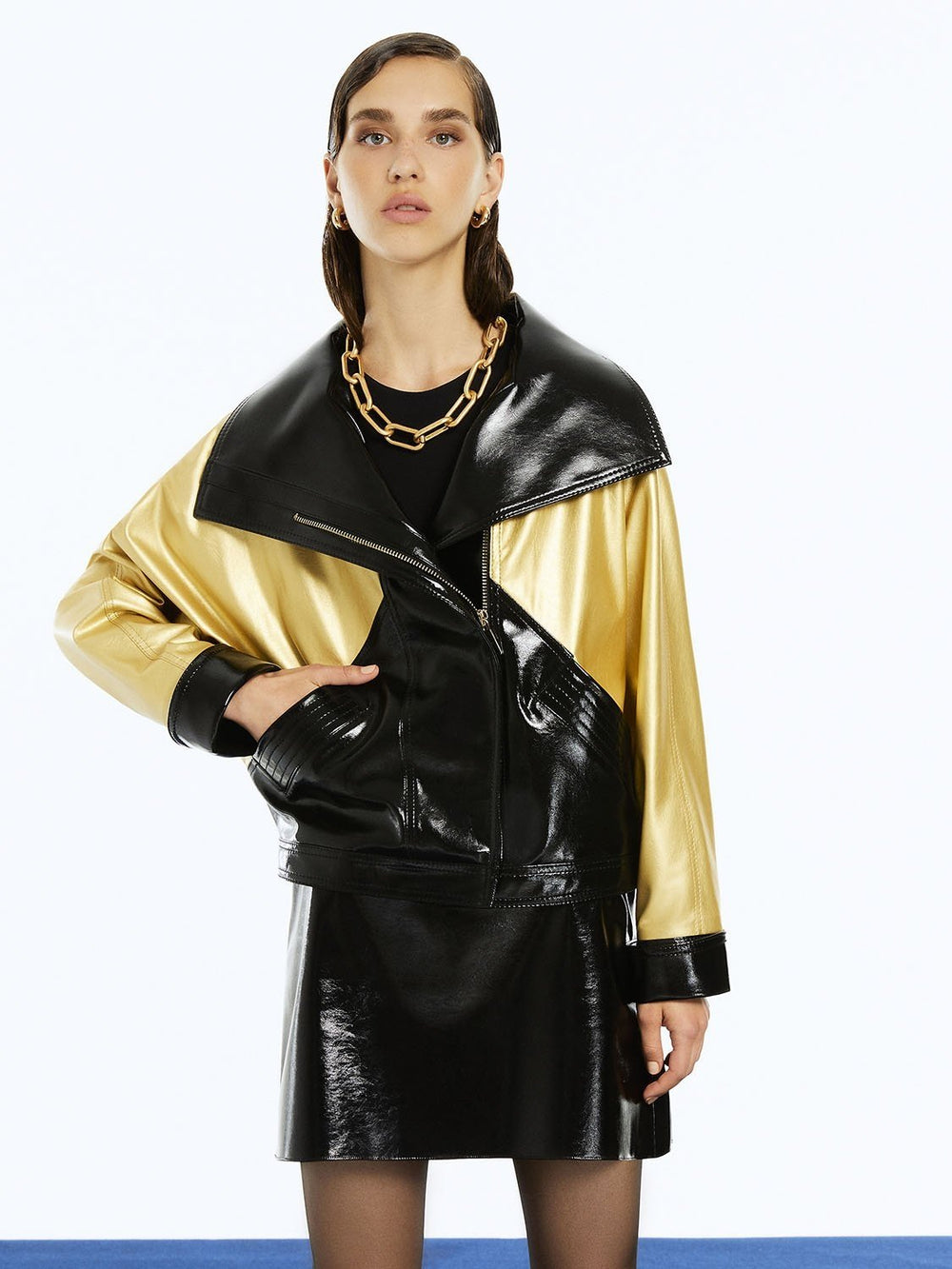 Wide Collar Patent Faux Leather Jacket Image 2