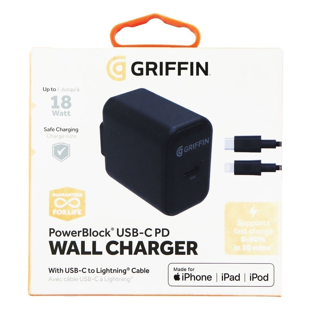 Griffin PowerBlock USB-C PD Wall Charger (18W) + USB-C to 8-Pin Cable - Black Image 1