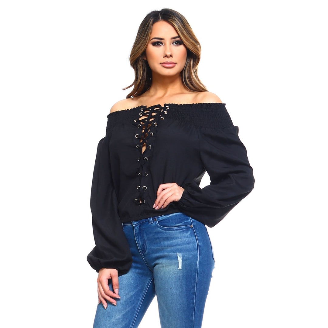 Womens Lace-Up Off Shoulder Elastic Blouse Image 4