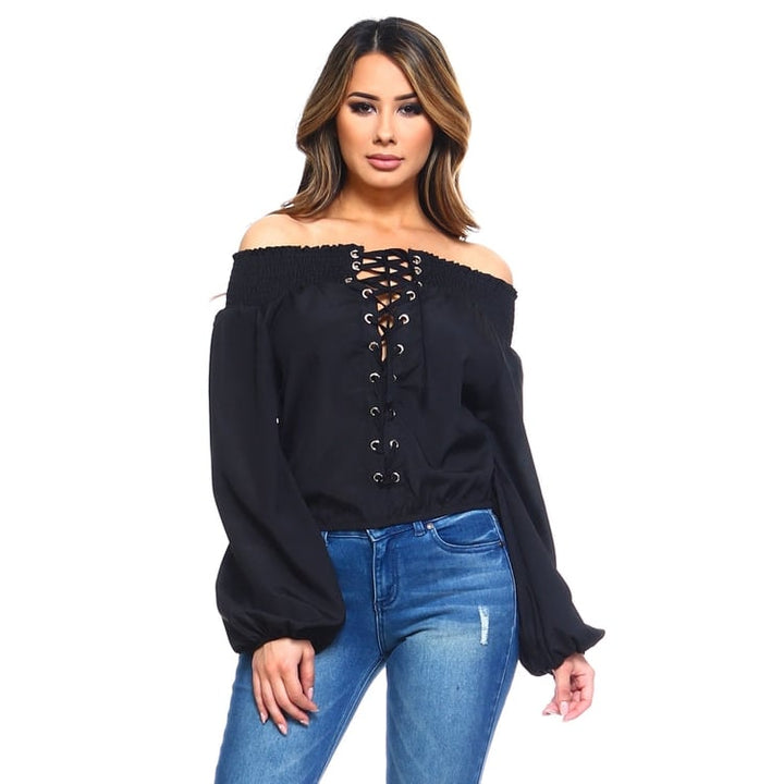 Womens Lace-Up Off Shoulder Elastic Blouse Image 7