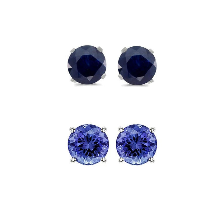 Paris Jewelry 14k White Gold 2Ct Created Black Sapphire and Tanzanite 2 Pairs Round Stud Earrings Plated Image 1