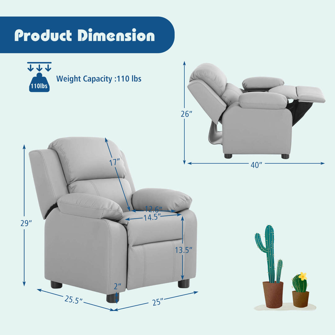 Kids Sofa Deluxe Padded Armchair Recliner Headrest w/ Storage Arms Image 3