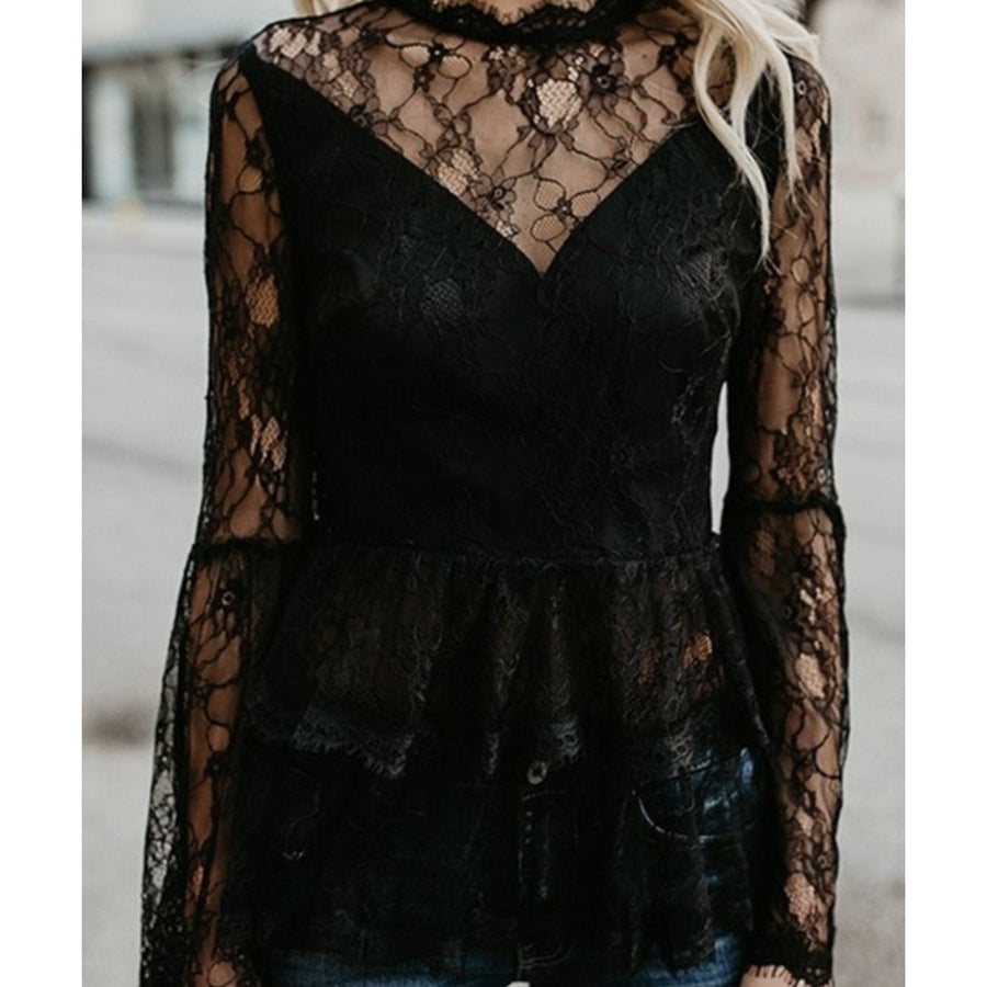 Womens Semi Lace Zipper Back Flare Sleeve Blouse Image 1