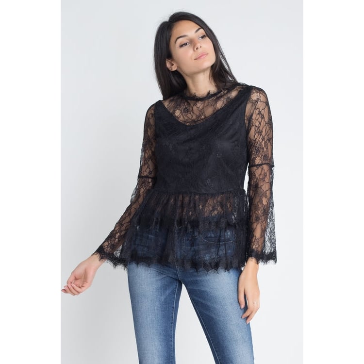 Womens Semi Lace Zipper Back Flare Sleeve Blouse Image 3