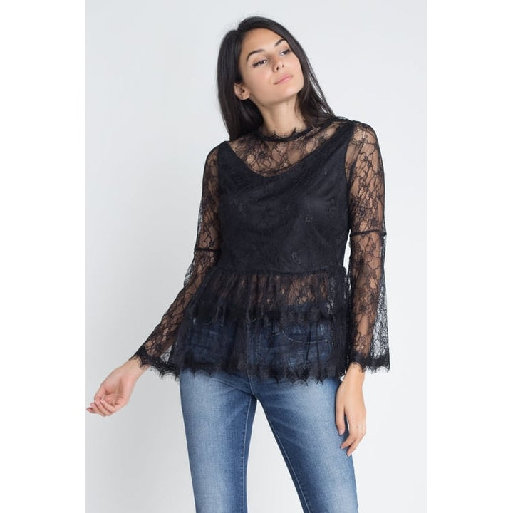 Womens Semi Lace Zipper Back Flare Sleeve Blouse Image 1