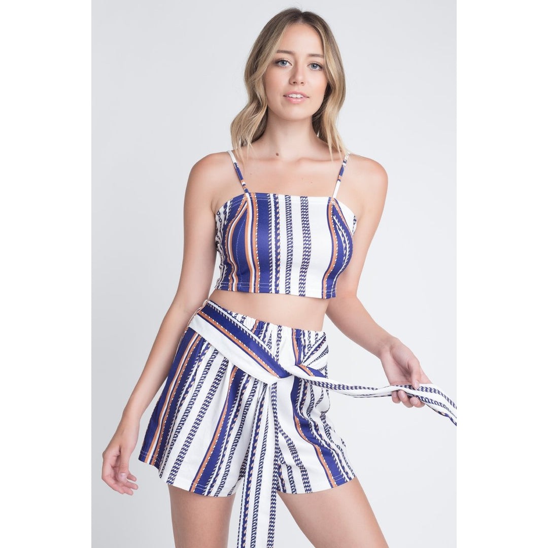 Womens Unique Stripe Printed 2pc Set with Tie Image 1