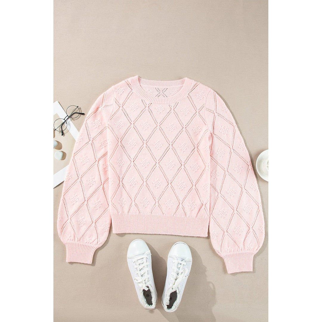 Molly Openwork Plaid Puff Sleeve Cropped Sweater Image 4