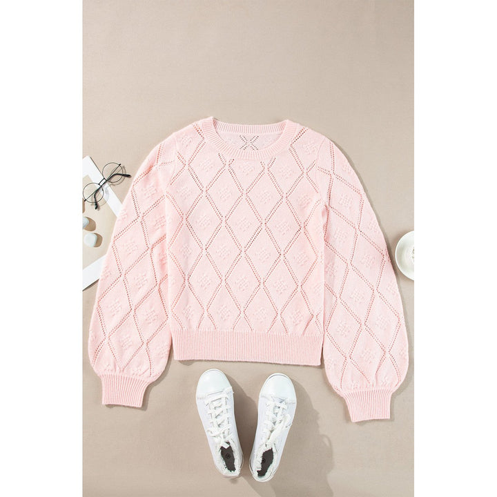 Molly Openwork Plaid Puff Sleeve Cropped Sweater Image 4