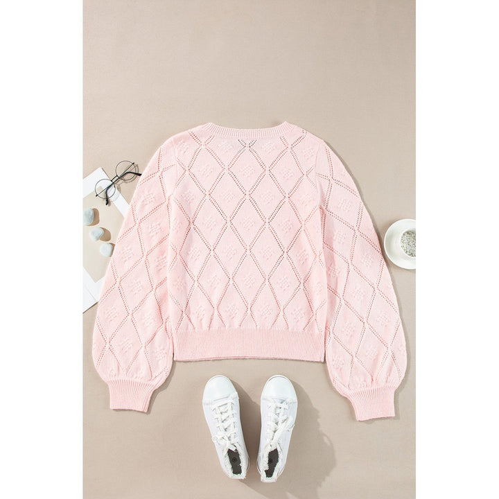 Molly Openwork Plaid Puff Sleeve Cropped Sweater Image 4