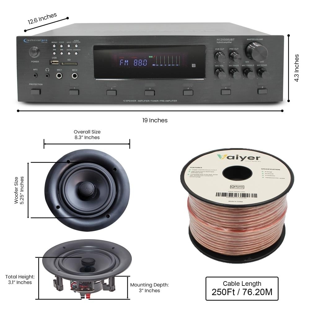 Home Theater System - 6000W 6 ch Bluetooth Amplifier w/ 6 QTY 5.25" Frameless In-Wall/In-Ceiling Speakers and 250 ft. Image 2