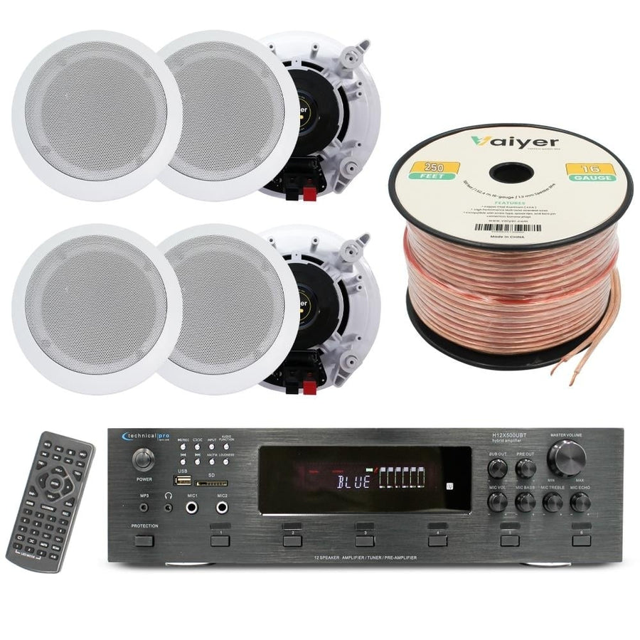 Home Theater System - 6000W 6 ch Bluetooth Amplifier w/ 6 QTY 5.25" In-Wall/In-Ceiling Speakers and 250 ft. Zip Wire by Image 1