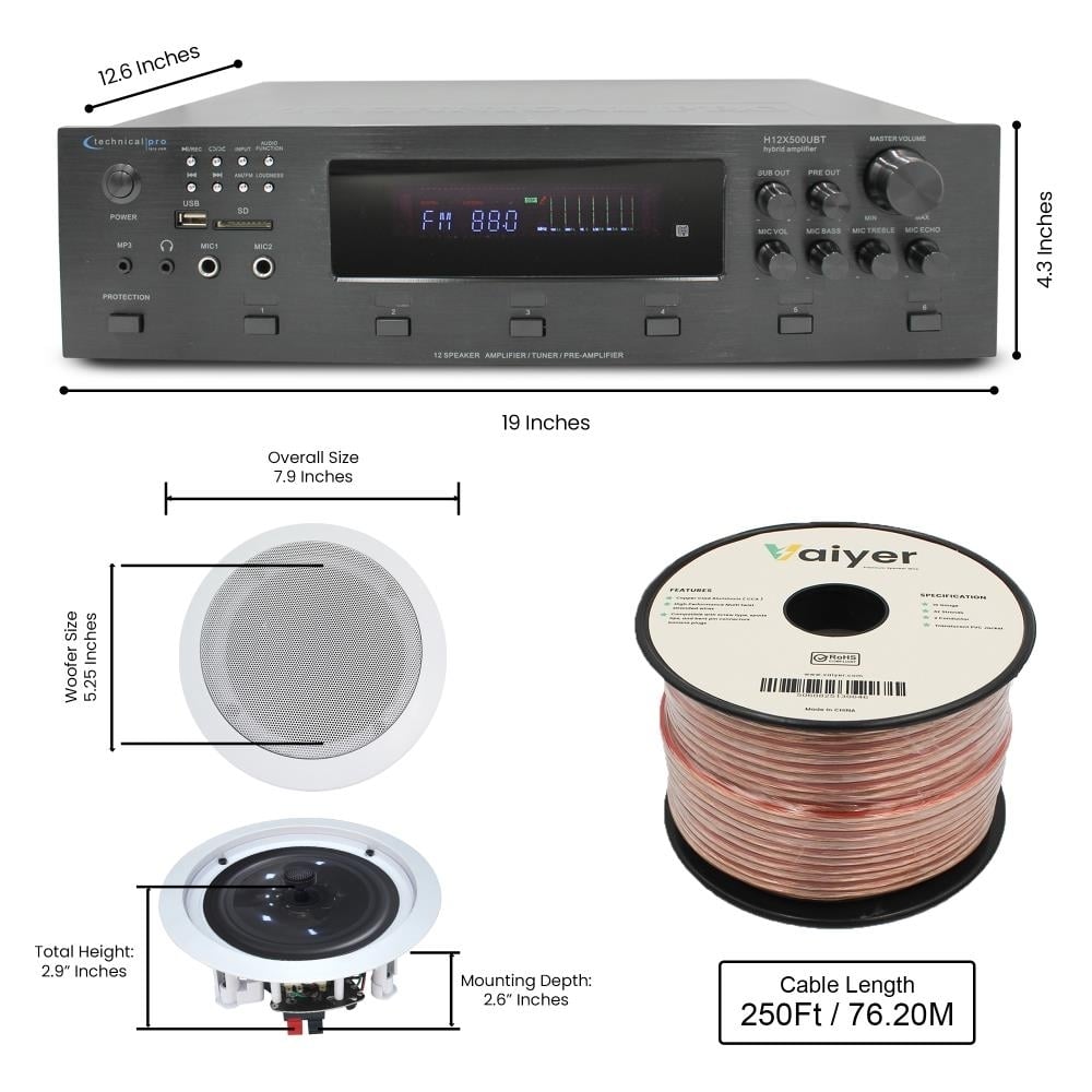 Home Theater System - 6000W 6 ch Bluetooth Amplifier w/ 6 QTY 5.25" In-Wall/In-Ceiling Speakers and 250 ft. Zip Wire by Image 2