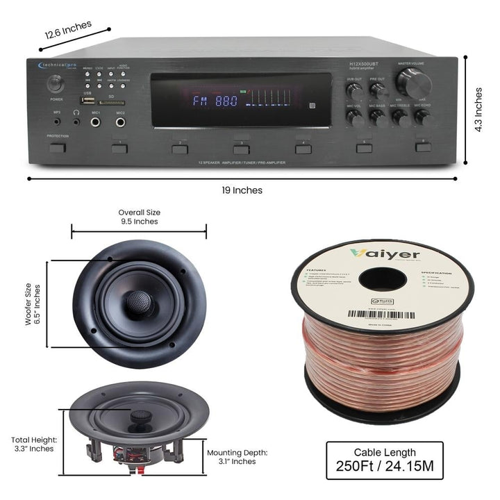 Home Theater System - 6000W 6 ch Bluetooth Amplifier w/ 6 QTY 6.50" Frameless In-Wall/In-Ceiling Speakers and 250 ft. Image 2