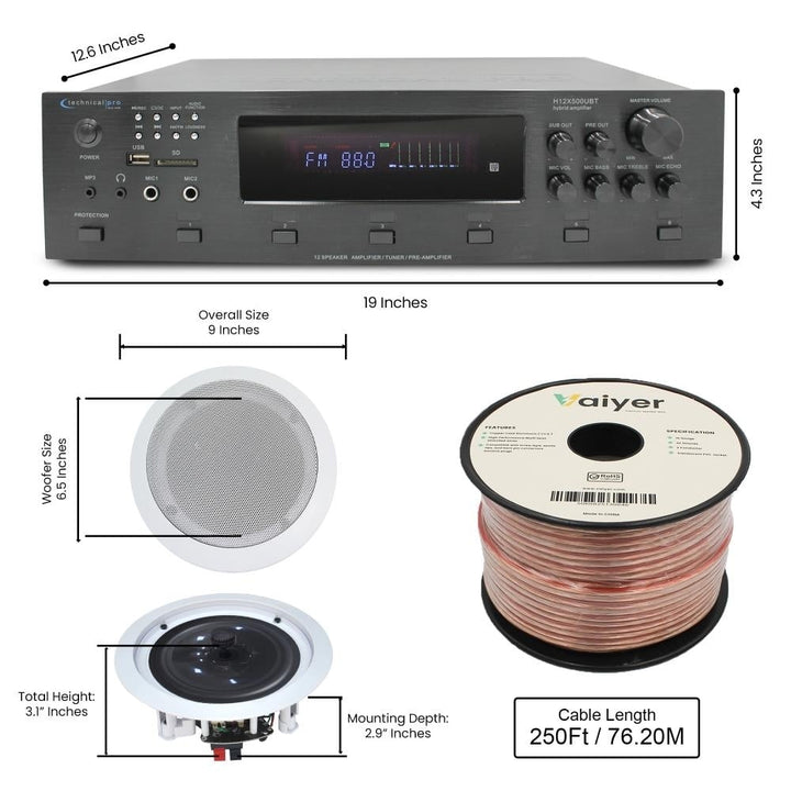 Home Theater System - 6000W 6 ch Bluetooth Amplifier w/ 6 QTY 6.50" In-Wall/In-Ceiling Speakers and 250 ft. Zip Wire by Image 2