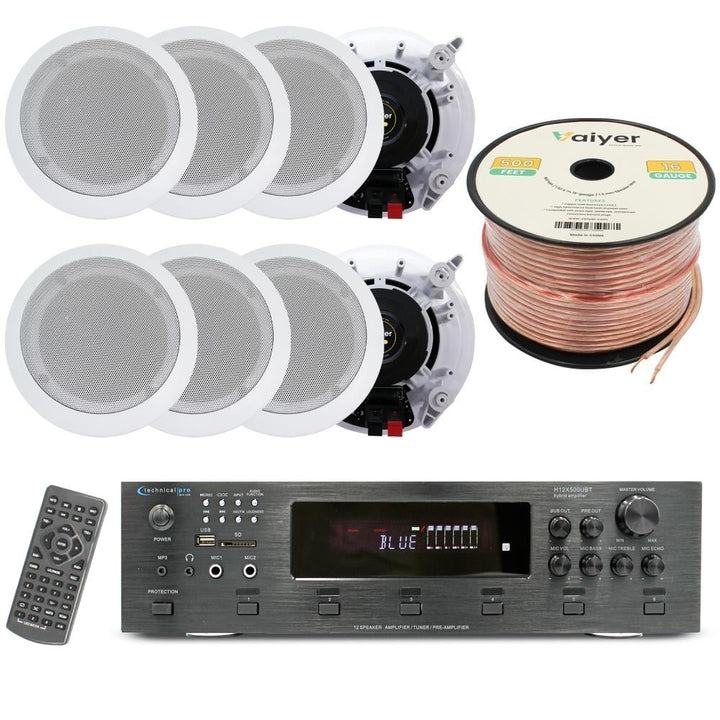 Home Theater System - 6000W 6 ch Bluetooth Amplifier w/ 8 QTY 5.25" In-Wall/In-Ceiling Speakers and 500 ft. Zip Wire by Image 1