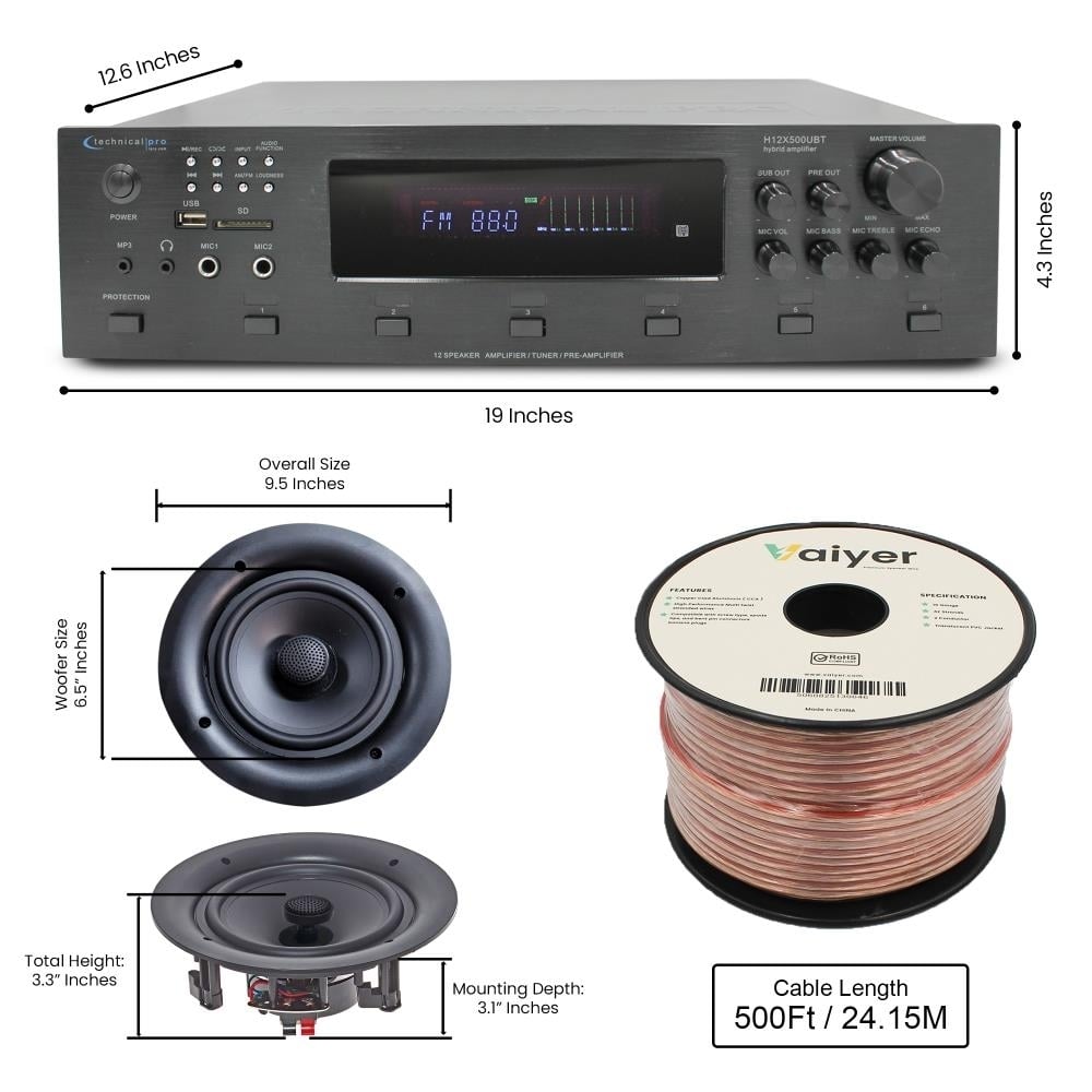 Home Theater System - 6000W 6 ch Bluetooth Amplifier w/ 8 QTY 6.5" Frameless In-Wall/In-Ceiling Speakers and 500 ft. Zip Image 2