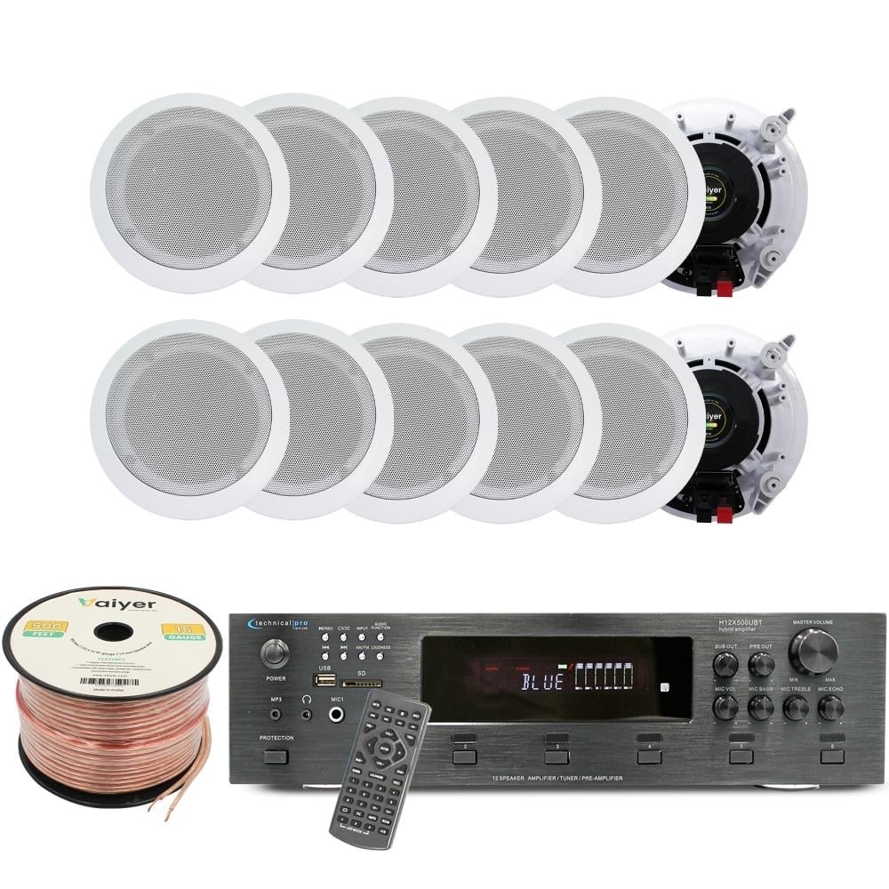 Home Theater System - 6000W 6 ch Bluetooth Amplifier w/ 12 QTY 6.5" In-Wall/In-Ceiling Speakers and 500 ft. Zip Wire by Image 1