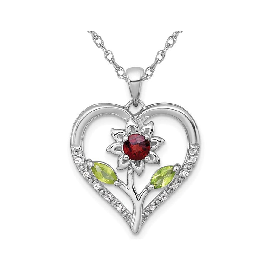 3/4 Carat (ctw) Garnet Peridot and White Topaz Flower Heart Pendant Necklace in Sterling Silver with Chain Image 1