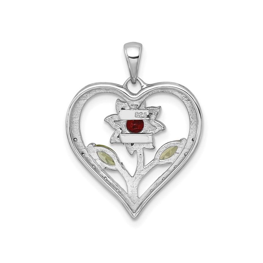 3/4 Carat (ctw) Garnet Peridot and White Topaz Flower Heart Pendant Necklace in Sterling Silver with Chain Image 3