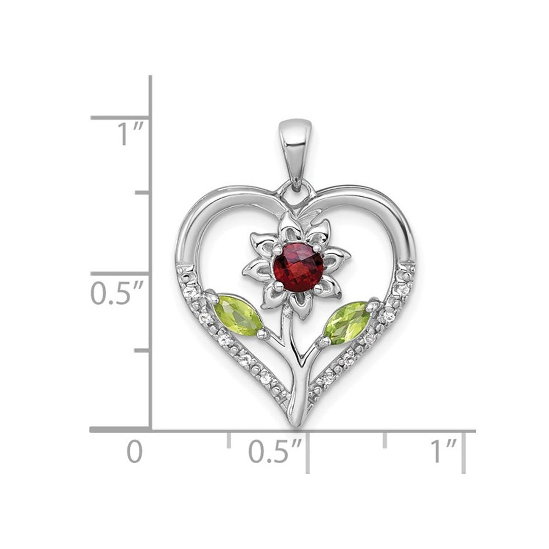 3/4 Carat (ctw) Garnet Peridot and White Topaz Flower Heart Pendant Necklace in Sterling Silver with Chain Image 4