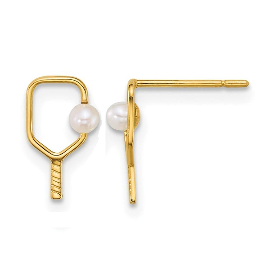 14K Yellow Gold Pickleball Paddle and Pearl Ball Charm Post Earrings Image 1