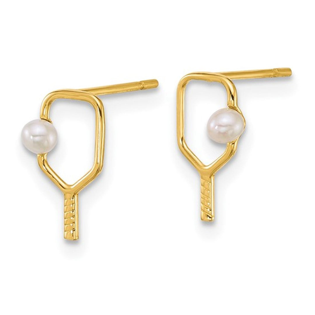 14K Yellow Gold Pickleball Paddle and Pearl Ball Charm Post Earrings Image 3