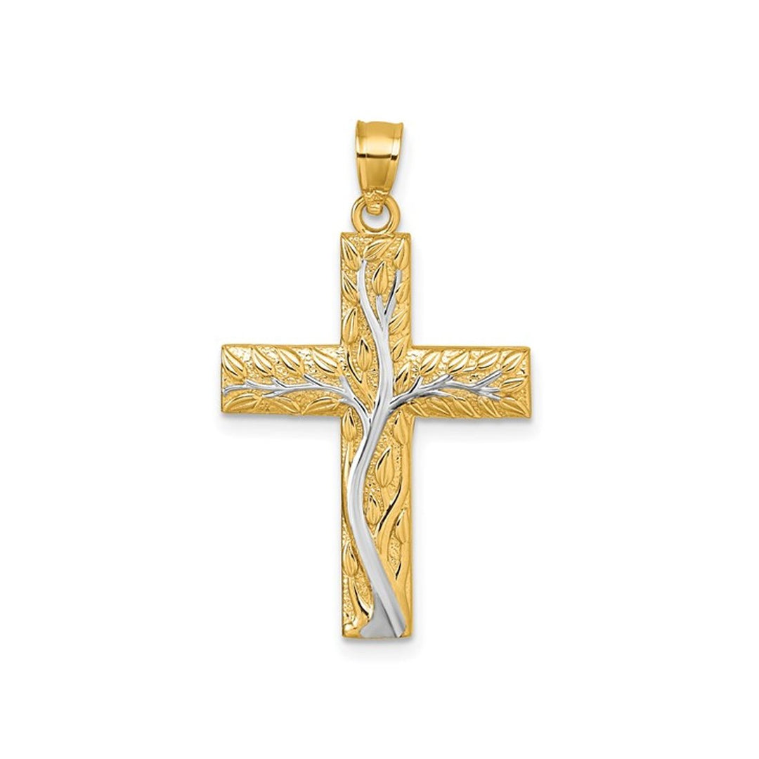 14K Yellow and White Gold Floral Tree with Leaves Cross Pendant (NO CHAIN) Image 1