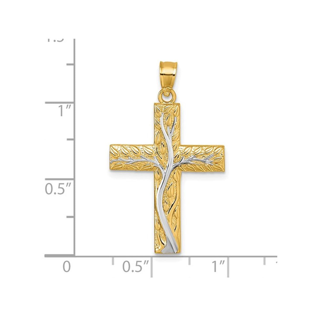 14K Yellow and White Gold Floral Tree with Leaves Cross Pendant (NO CHAIN) Image 3