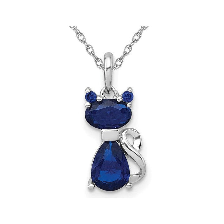 Lab-Created Sapphire Cat Charm Pendant Necklace in Sterling Silver with Chain Image 1