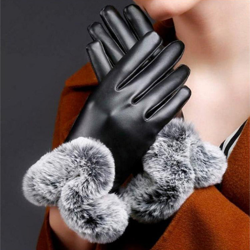 1 Pair Women Winter Warm Gloves Women Lady Black PU Leather Gloves Autumn Winter Warm Rabbit faux Mittens Warmth Warmer Image 1