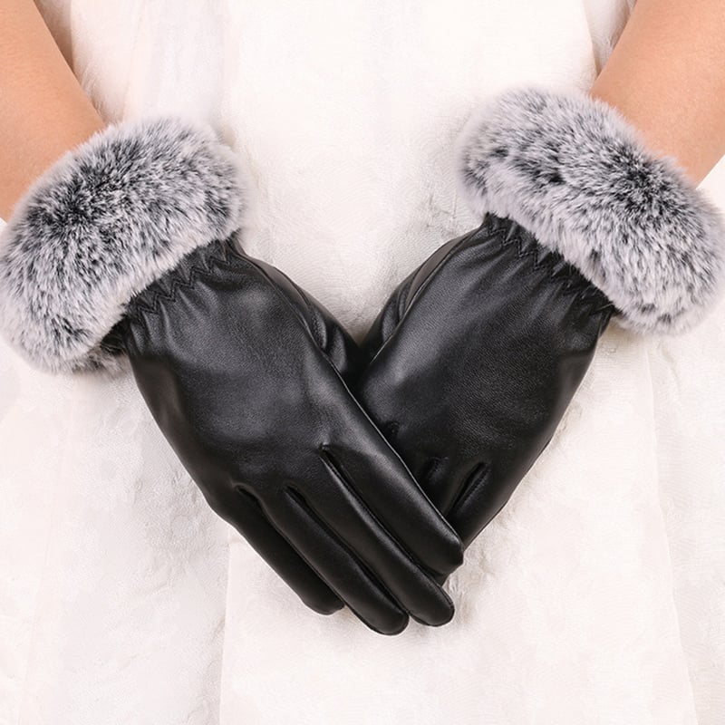 1 Pair Women Winter Warm Gloves Women Lady Black PU Leather Gloves Autumn Winter Warm Rabbit faux Mittens Warmth Warmer Image 3