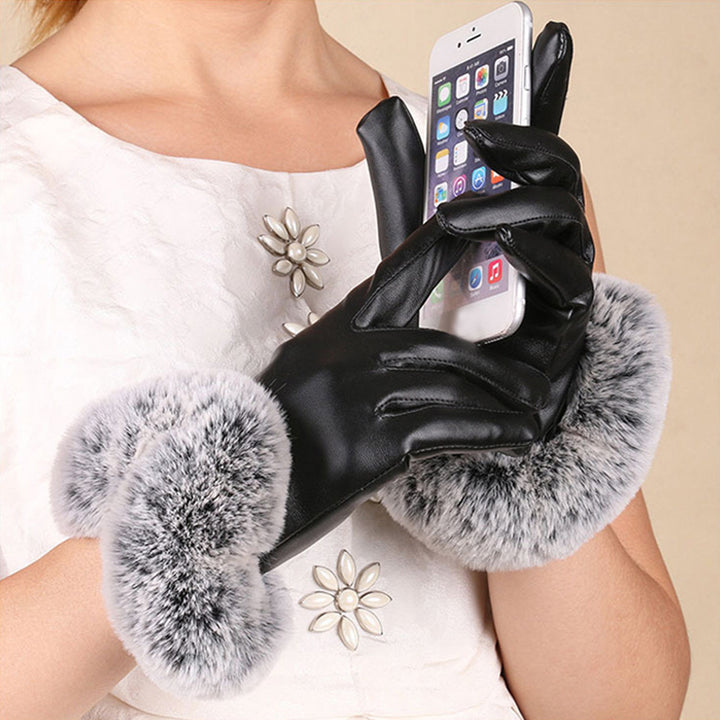 1 Pair Women Winter Warm Gloves Women Lady Black PU Leather Gloves Autumn Winter Warm Rabbit faux Mittens Warmth Warmer Image 4