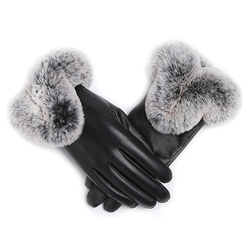 1 Pair Women Winter Warm Gloves Women Lady Black PU Leather Gloves Autumn Winter Warm Rabbit faux Mittens Warmth Warmer Image 4