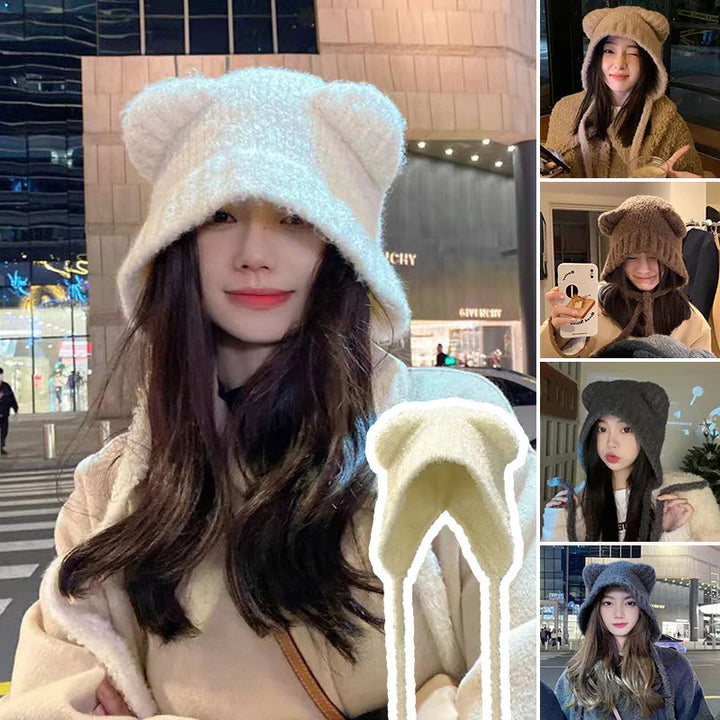 Cute Girl Knit Ear Protection Hat Bear Women Earmuffs Cap Woolen Crochet Bonnet Solid Color Hood Beanies Winter Warm Image 1