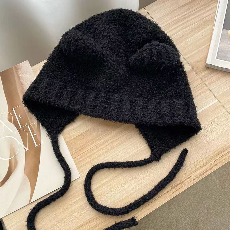 Cute Girl Knit Ear Protection Hat Bear Women Earmuffs Cap Woolen Crochet Bonnet Solid Color Hood Beanies Winter Warm Image 7