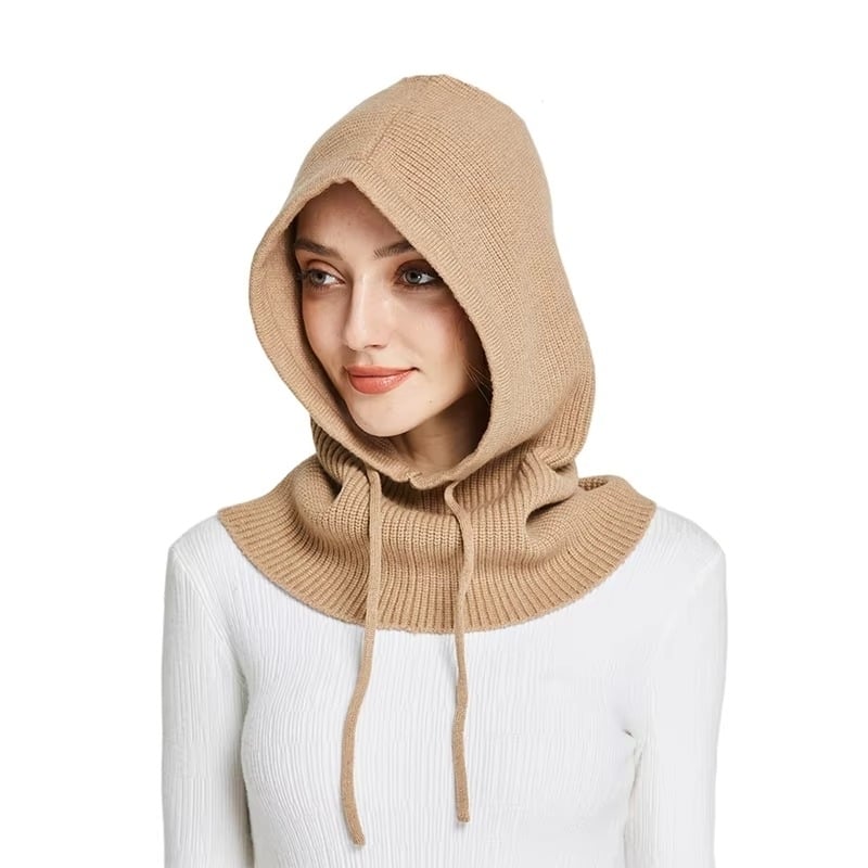 Cashmere Knitted Hooded Hat Women Winter Neck Cover Balaclava Skullies Beanies Image 1