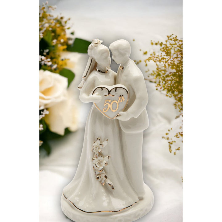 Handcrafted Ceramic Cake Topper 50th Anniversary Golden Accents 2.5x4.75 Inches Image 1