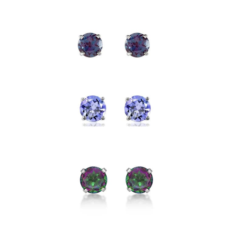 Paris Jewelry 24k White Gold 3Ct Created Alexandrite Tanzanite and Mystic Topaz 3 Pairs Round Stud Earrings Plated Image 1