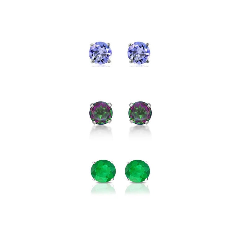 Paris Jewelry 24k White Gold 3Ct Created Tanzanite Mystic Topaz and Emerald 3 Pairs Round Stud Earrings Plated Image 1