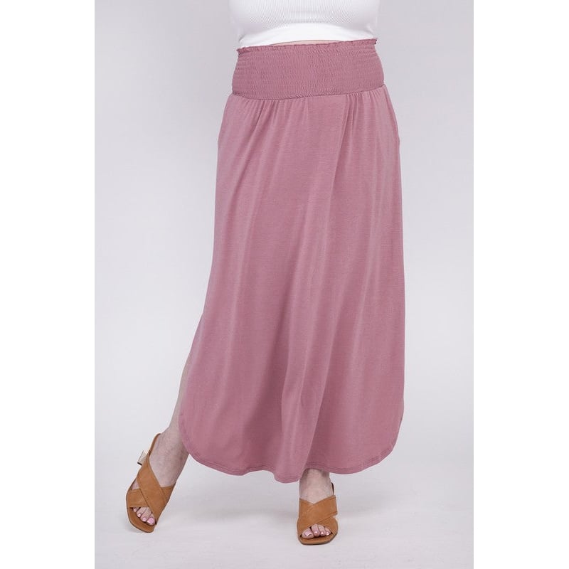 Plus Smocked Waist Side Slit Maxi Skirt w/ Pockets Image 1