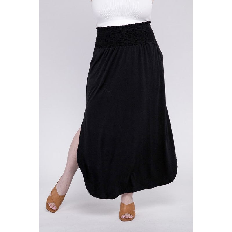 Plus Smocked Waist Side Slit Maxi Skirt w/ Pockets Image 2