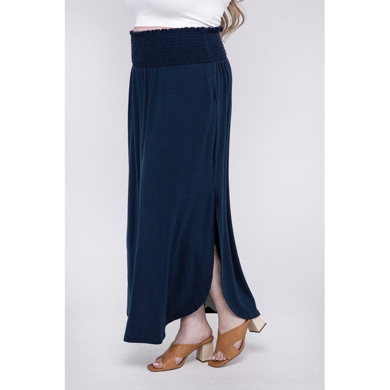 Plus Smocked Waist Side Slit Maxi Skirt w/ Pockets Image 3