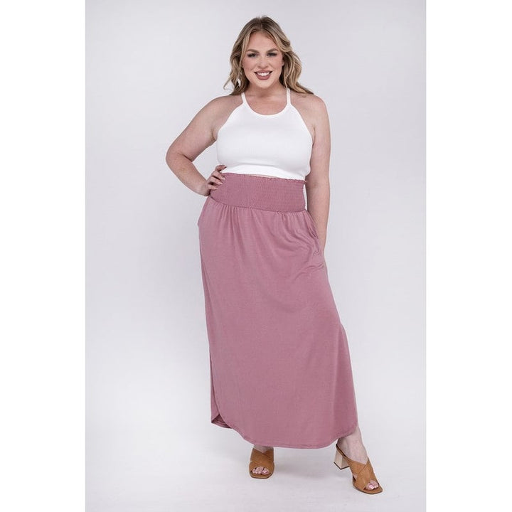 Plus Smocked Waist Side Slit Maxi Skirt w/ Pockets Image 4